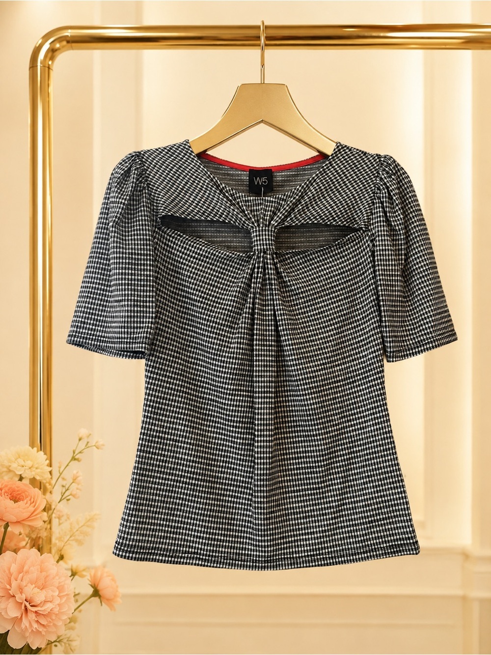 W5 Black & White Micro-Check Cutout Knot Blouse Small Sample